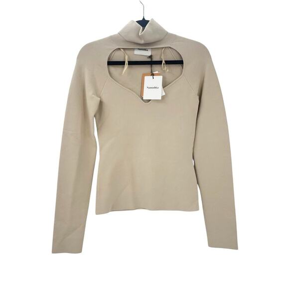 Nanushka Ribbed Knit Front Cut-Out Cropped Fah Top Long Sleeve Beige Size S NWT - Picture 5 of 12